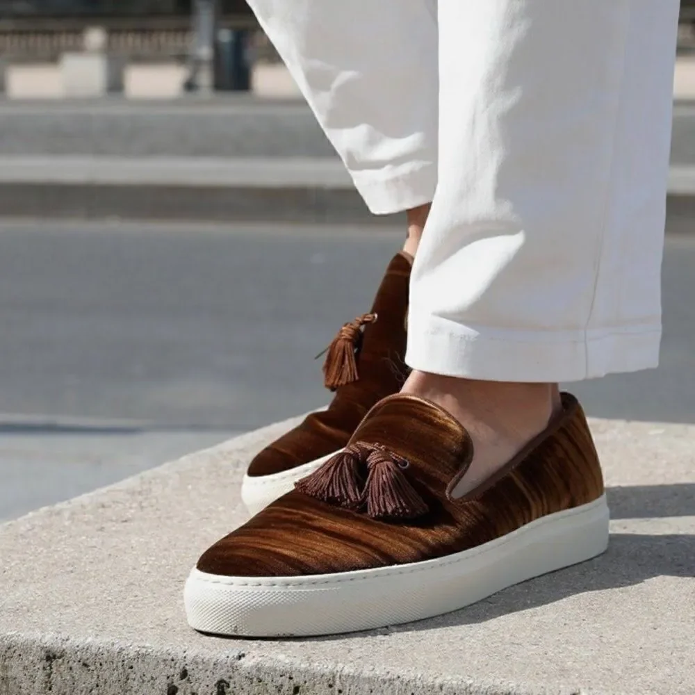 Superglamourous LOUIS Wrinkle Velvet Skate Style Slip On Shoe in Caramel